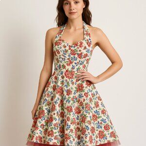 Trelise Cooper Floral Halter Dress Fit & Flare Sundress Red Tulle Detail S